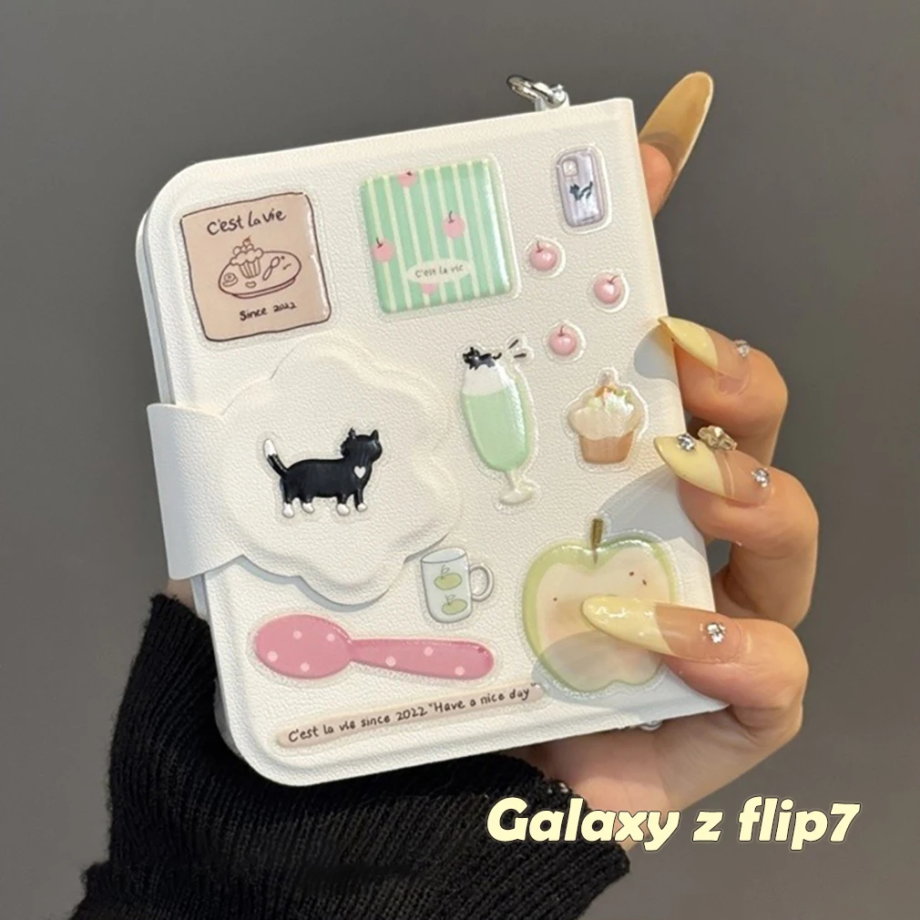

zflip7 Case Cute Book Style Leather flip Cover for Samsung Galaxy Z Flip 7 with Cartoon Holiday Sticker & Wrist Strap Lanyard
