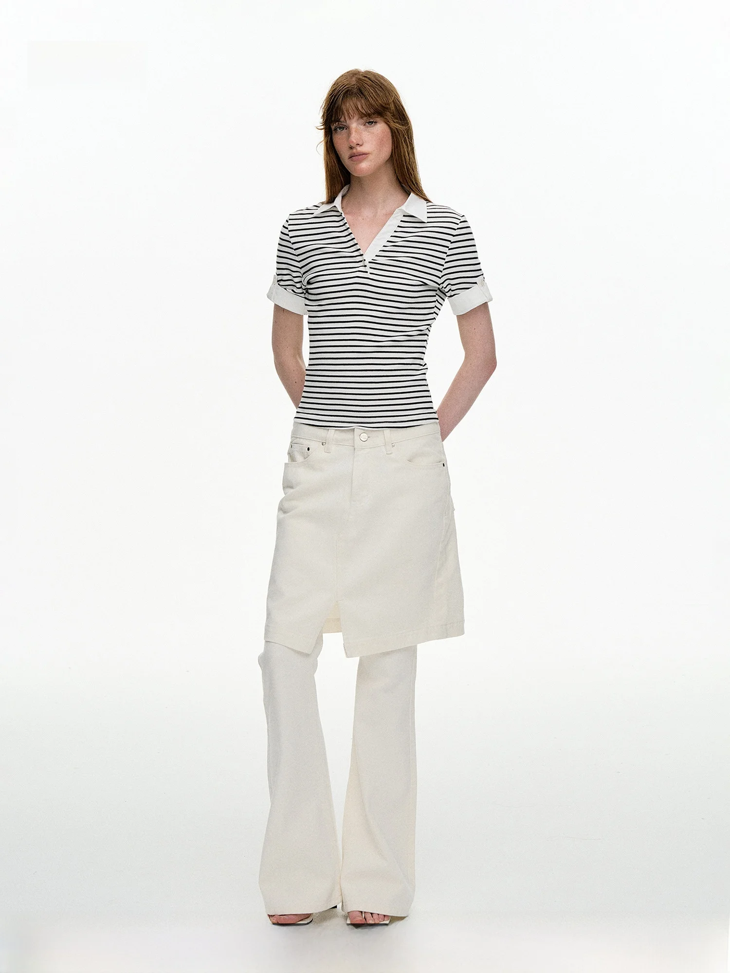 

PRRP Джинсы с двойной талией, искусственные двухсекционные джинсы, тонкие белые джинсы с микро-клеш, повседневные прямые брюки для женщин