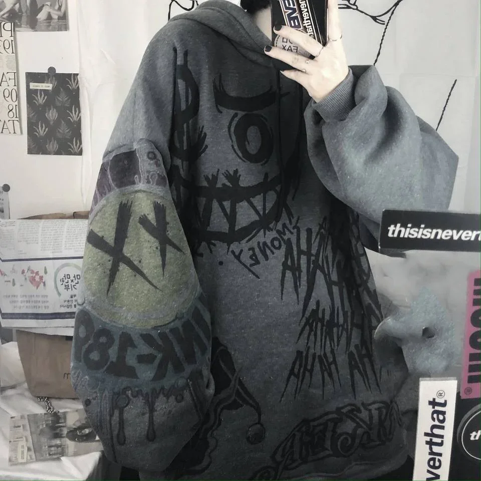 Gothic Cartoon Hip Hop Hoodies Women Japanese Funny Punk Oversize Hooded Sweatshirts Autumn Long Sleeve Female Hoodie Tops