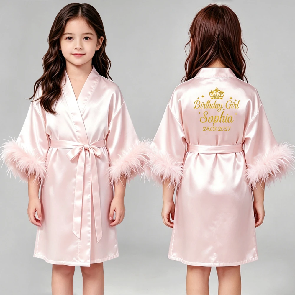 Personalized Kids Flower Girl Satin Robe With Feather Cuffs Custom Name Date Kimono Bathrobe Wedding Morning Gown
