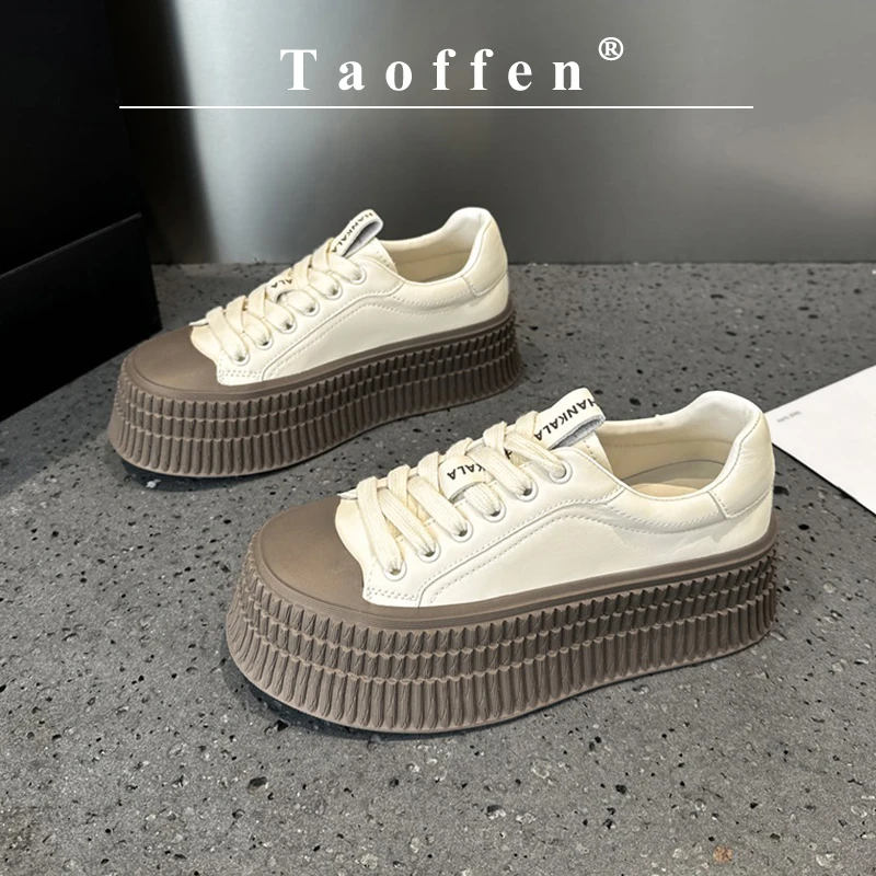 

Taoffen Women Platform Sneakers Thick Sole Height Increased Fashion Anti-slip Lady Sneakers New Casual Lace-up Vulcanized Shoes