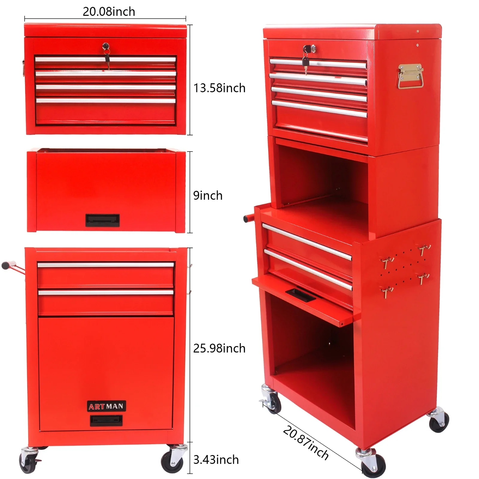 Rolling Tool Box, Garage Tool Box, 6 Drawer 2-in-1 Removable Lockable Tool Cabinet for Workshop, Repair Shop, red