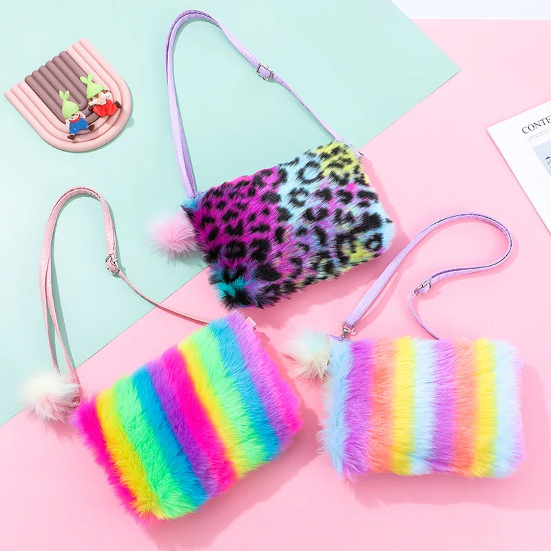 

Rainbow Crossbody Bag Soft Plush Colorful Leopard Mini Wallet Purse With Matching Color Pom Pom For Girls Women