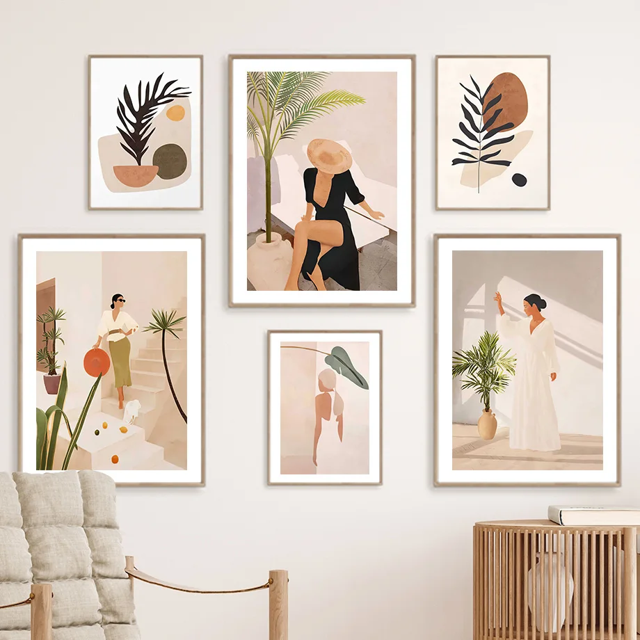 Boho Abstract Woman Wall Art Modern Minimalist Tropical Plant Canvas Prints Aesthetic Morandi Neutral Posters Living Room Dec