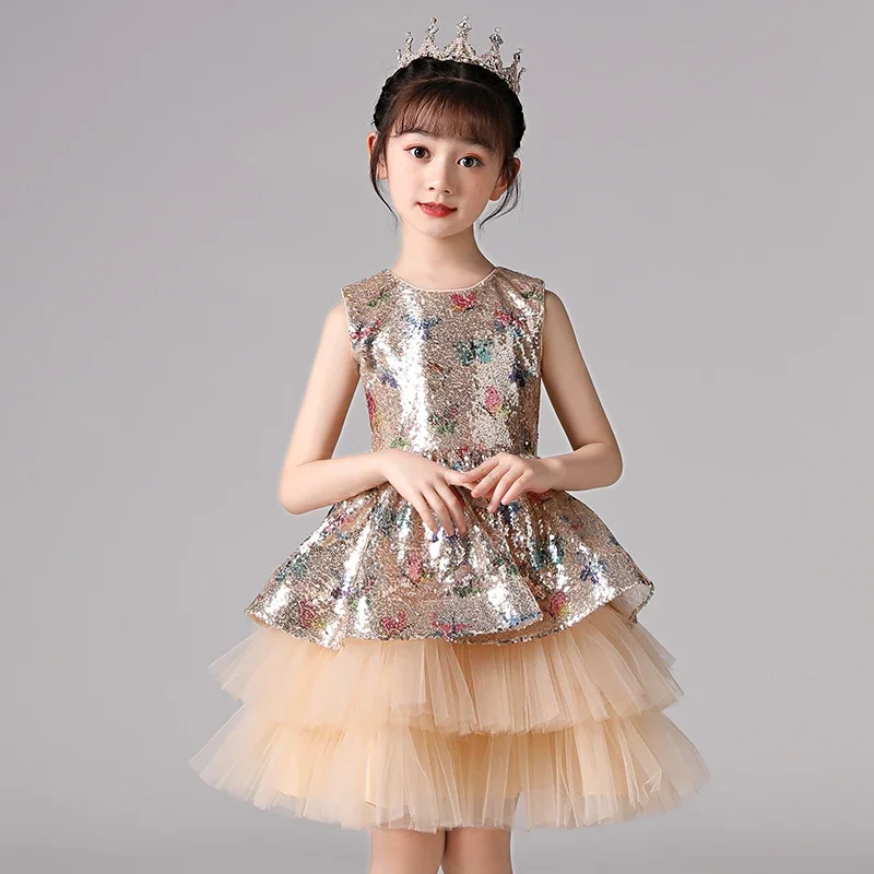 Hot Selling Kids Dress Baby Girls Flower Sequins Dress High Quality Party Princess Dress Children Kids Clothes 4-12 yrs