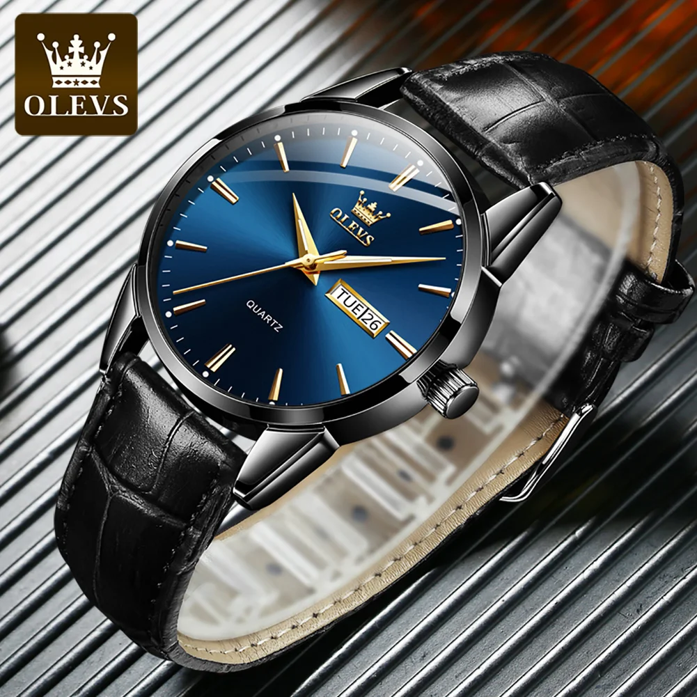 OLEVS Top Brand Quartz Watch for Men 6898 Leather Strap Waterproof Wristwatch Date Week Display Popular Casual Dress Men Watch