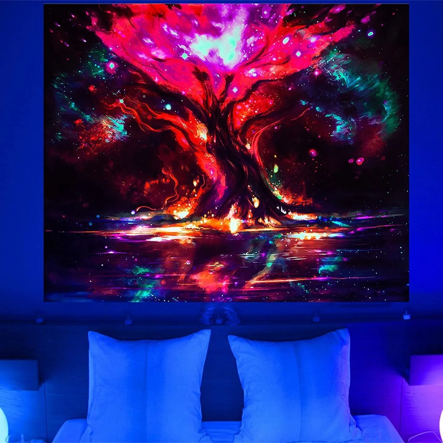 

2D Flat Printed Trippy Glowing Tree Tapestry UV Reactive Blacklight Magic Forest Peach Skin Wall Hanging Fluorescent Room Decor