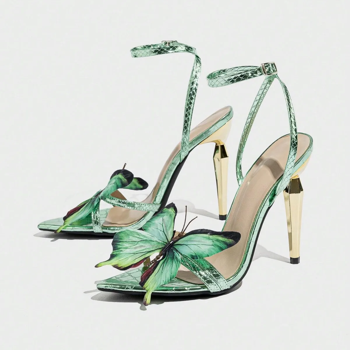 Ladies Three-dimensional Butterfly Decoration Electroplated Stiletto Sandals Green High Heels High Quality Designer Luxury Shoes