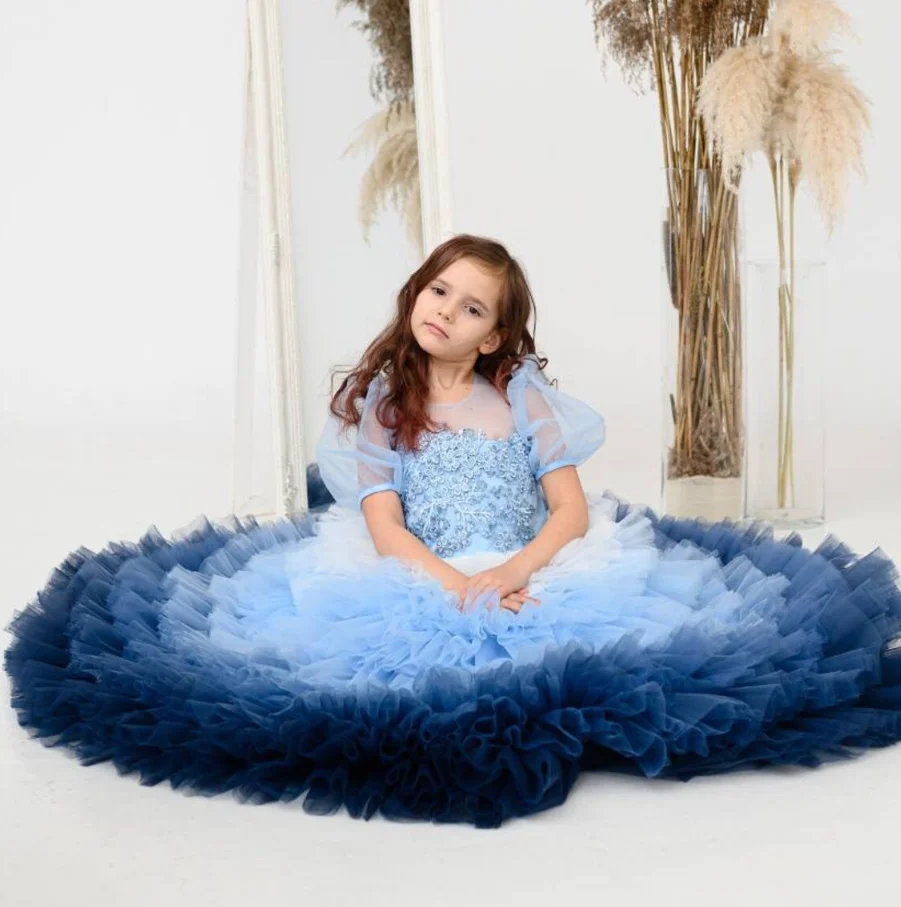 New Custom Flower Girl Dress Tulle Lace Sheer Short Sleeve Child Ball Gown Junior Bridesmaid Dress Girls Birthday Party Gown