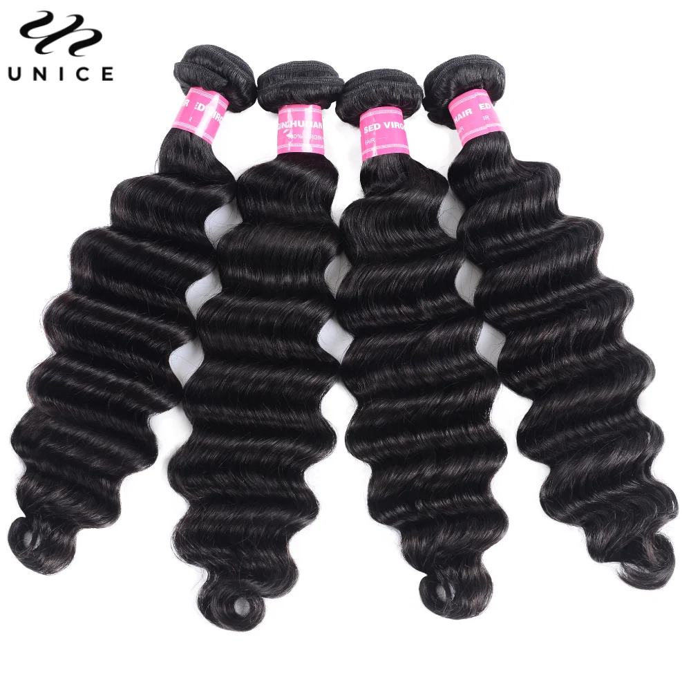 Unice solto onda profunda Pacotes de cabelo, 100% cabelo humano, costurar em tece, cor natural, virgem, 12-26 em, 3PCs