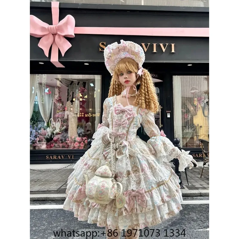 Original Design Lolita Sweet Long Sleeve OP Dress Women Autumn Super Fairy Cute Bow Birthday Party Girls Princess Dresses