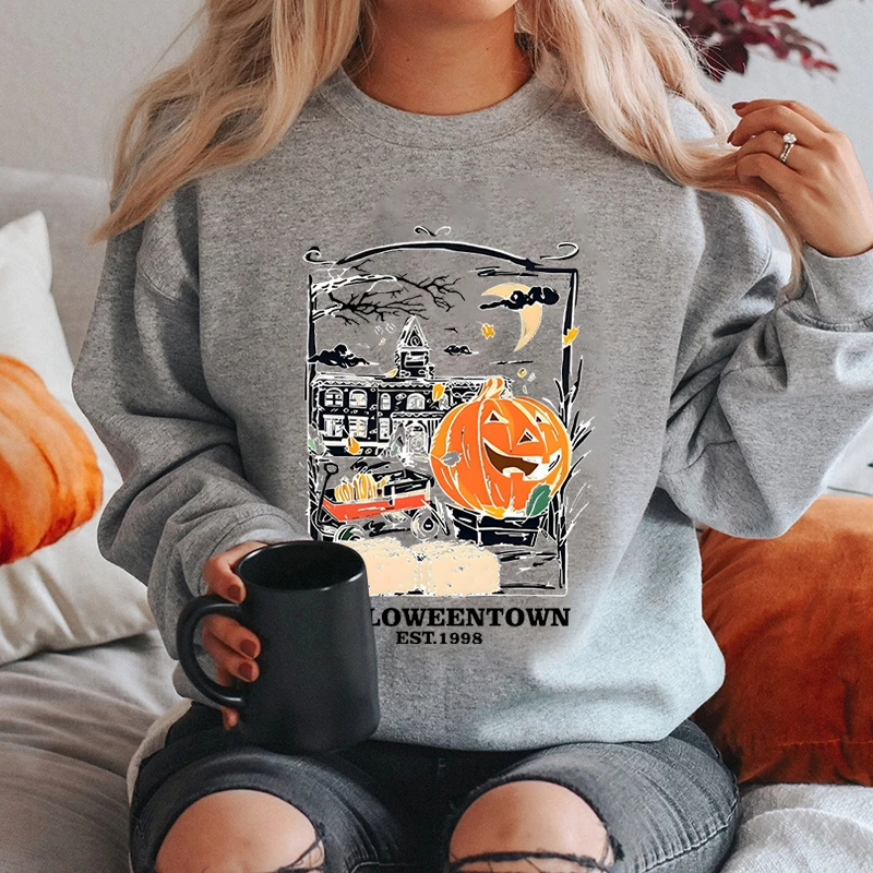 Moda Halloween Pumpkin Print Pullover For Women Autumn Winter Casual O Neck Hoodless Sweatshirt Plus Size Pure Color Pullover