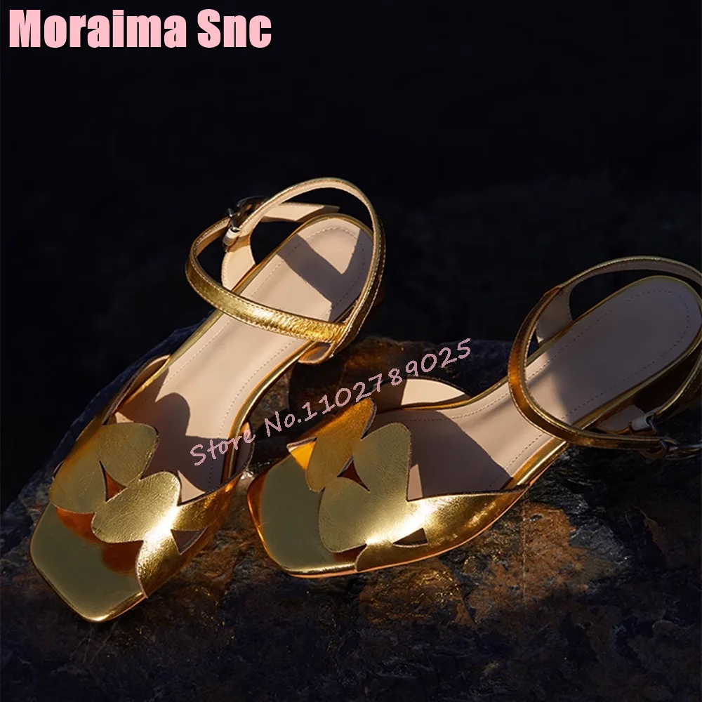 

Unique Square Toe Flower Sandals Block Chunky Heel Ankle Buckle Strap Fashion Women‘s Shoes Summer 2024 New Golden Solid Casual’