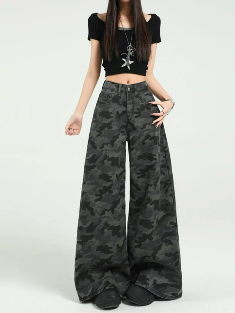 

2025 Summer American Camo Cargo Pants Women High Waist Wide Leg Flared Jeans Loose Casual Floor Length Denim Trousers