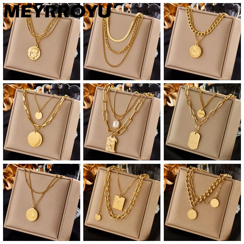 MEYRROYU 316L en acier inoxydable Hip Hop punk vintage multicouche pièce de monnaie pendentif collier pour femmes Double couche chaîne collier bijoux