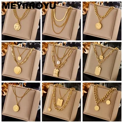 MEYRROYU 316L Stainless Steel Hip Hop PunkVintage Multilayer Coin Pendant Necklace For Women Double Layer Chain Necklace Jewelry