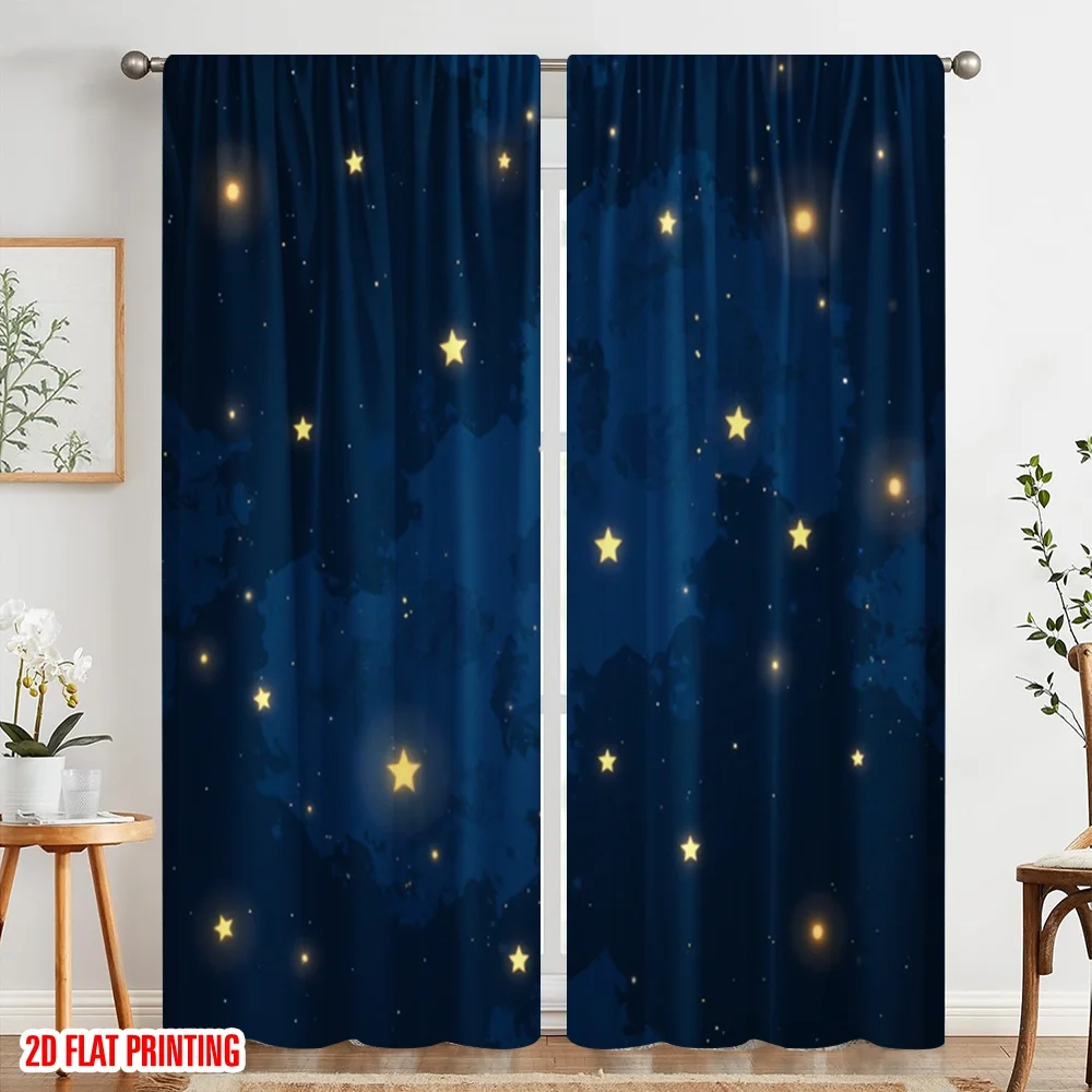 2 قطعة ستائر مطبوعة مسطحة ثنائية الأبعاد شاشة مسطحة نمط السماء المرصعة بالنجوم بوليستر بدون كهرباء حفلة عيد ميلاد للغرفة الجمالية