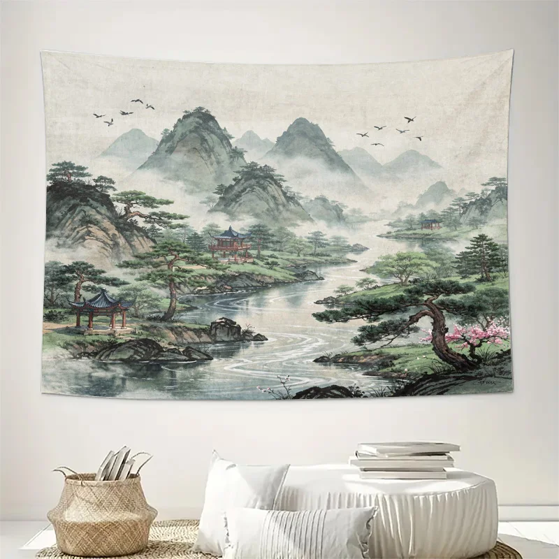 Chinese Landscape Tapestry Wall Hanging Oriental Mountain River Art Decor Mural Print Scroll Background Decorative Home Wall Dec
