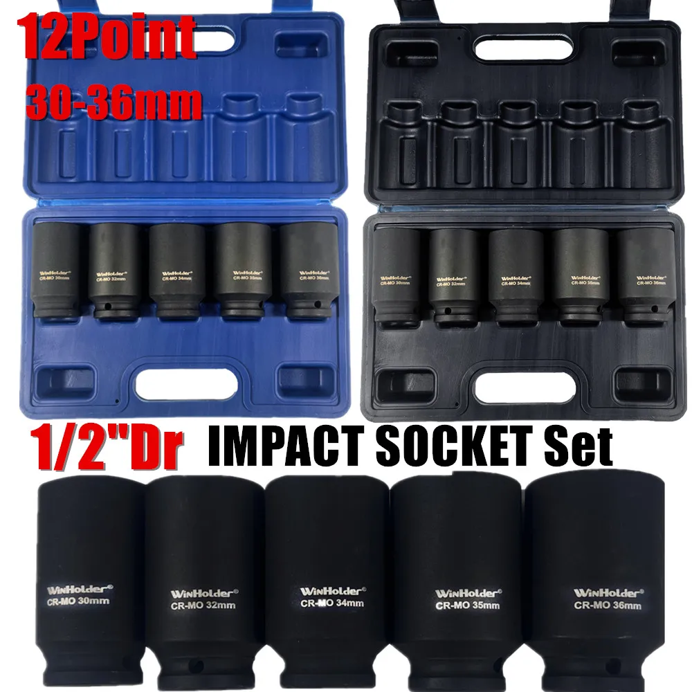 WinHolder 5PCS 12 Point Axle Hub Nut Socket Set 30mm 32mm 34mm 35mm 36mm Deep Impact Socket For BMW Ford Lada Universal