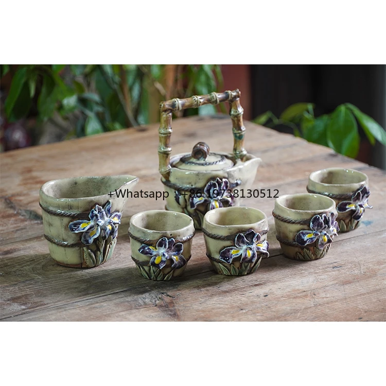 Handmade rough pottery tea set, Wabi-sabi style, iris heat resistant teapot and teacups.