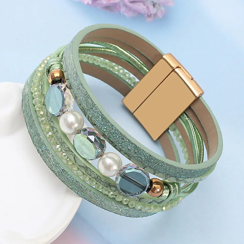 Multi-layer PU Leather Bracelet for Women Shiny Crystal Beads Charms Hand Chain Fashion Boho Ladies Wrist Jewelry gifts
