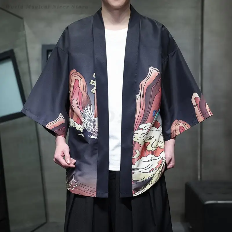 

Мужское традиционное японское кимоно большого размера, кардиган, куртка с принтом юката, пальто хаори в стиле Харадзюку, уличная одежда, костюм самурая