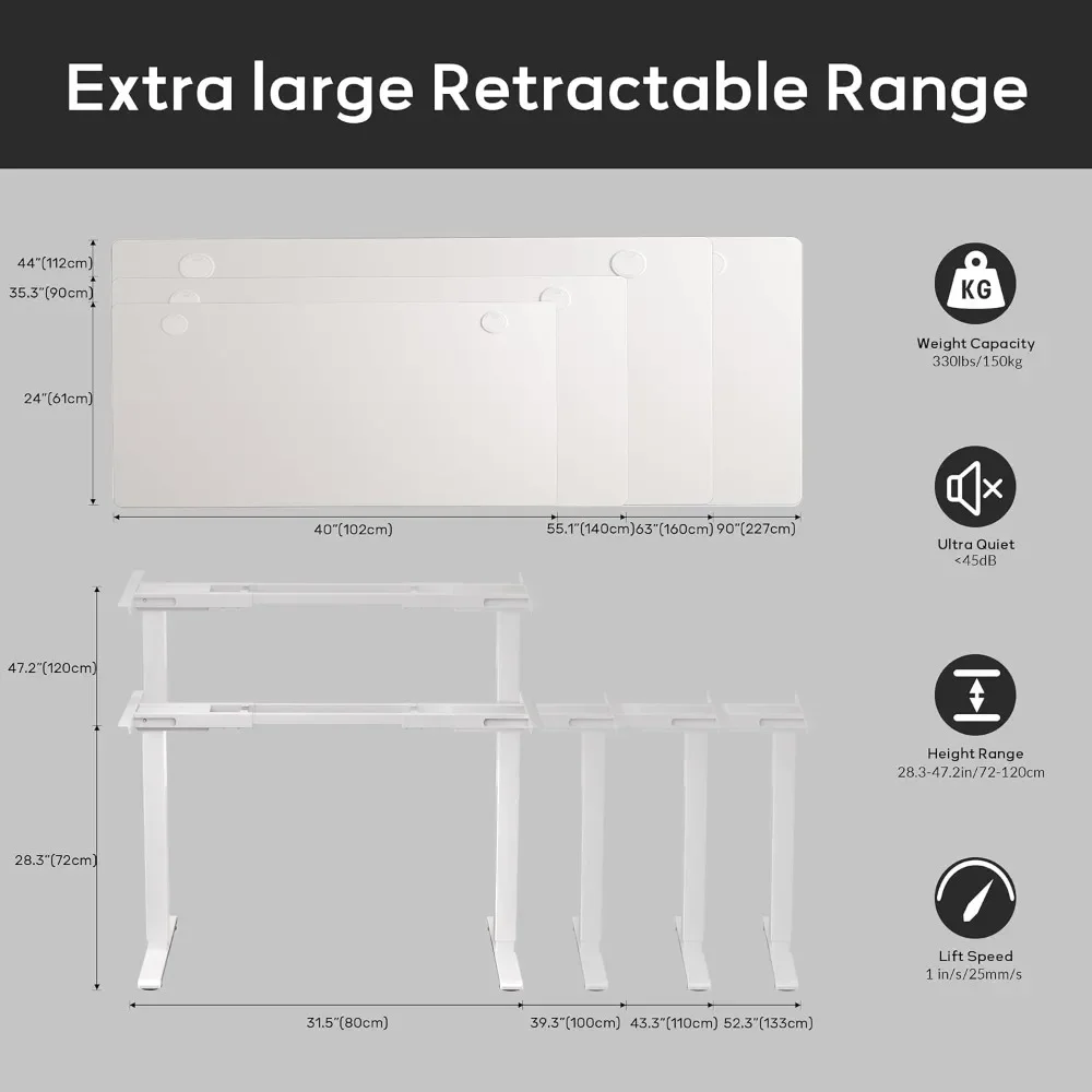 محرك مزدوج كهربائي قابل للتعديل يقف حتى 90 بوصة × 44 بوصة سطح المكتب، سعة وزن 330 رطل، مكتب كمبيوتر للمنزل والمكتب، Wh