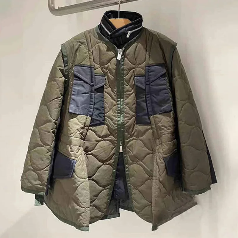 

2024 new loose silhouette splicing clip cotton jacket zipper cardigan mid-long coat
