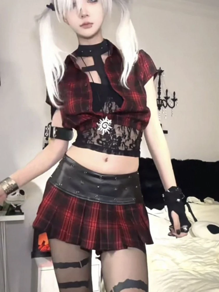 

Летний готический винтажный элегантный комплект из 3 предметов, женский клетчатый дизайн Y2k, мини-юбка, костюм, женский кружевной ретро-шик, наряды на Хэллоуин 2025 г.