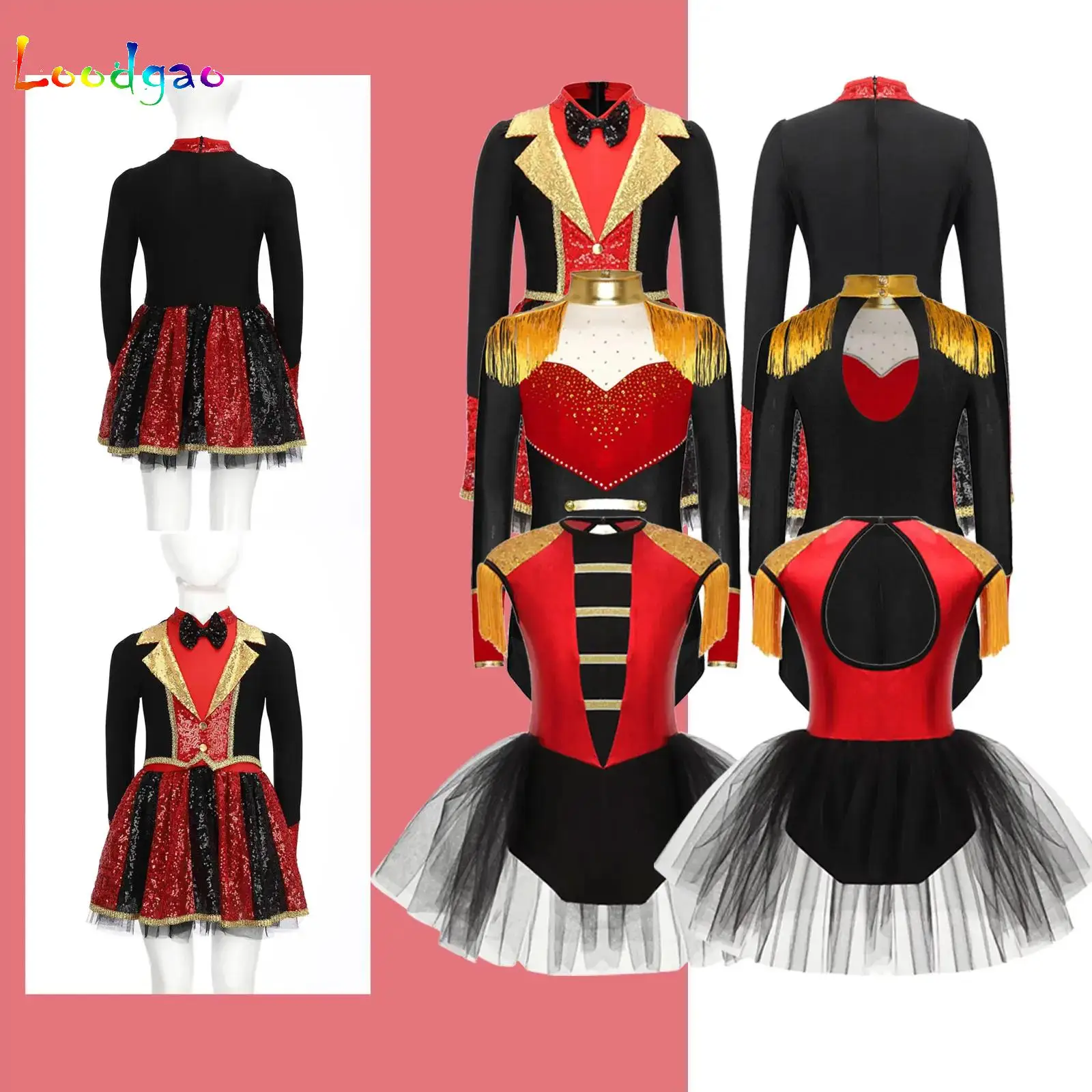 

Kids Girls Ballet Dance Dress Dancewear Circus Ringmaster Majorette Costume Sequins Halloween Fancy Lion Tamer Cosplay Outfits