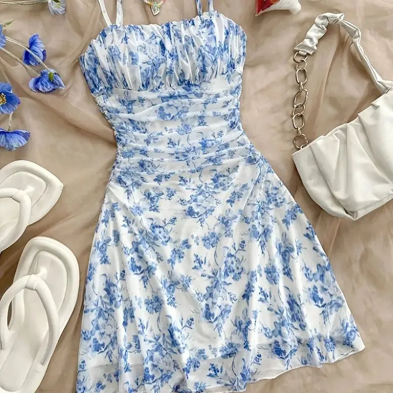 Verão feminino elegante floral mini vestido moda dobra de cintura alta magro a linha vestidos senhora sexy sem costas cinta espaguete vestido de verão