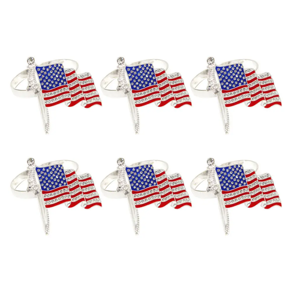 6Pcs Patriotic American Flag Napkin Rings Bling Serviette Holders for Festival Dinner Table Setting Decorations