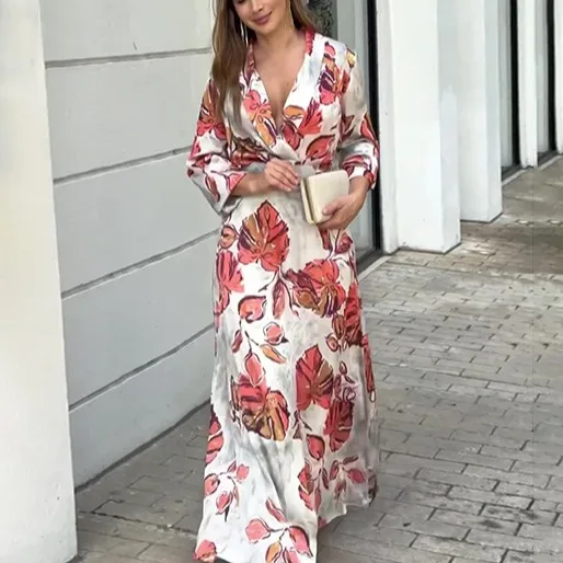 

Women Dresses Ankle Length Print V Neck Vestidos Loose Fit Dress Long Sleeve Pullover Summer 2024 High Street Slight Strech