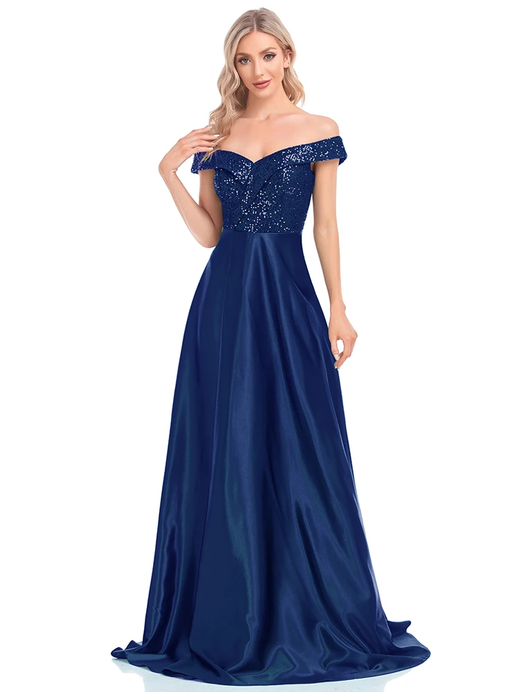 Lucyinlove Elegant Sequins Formal Evening Dress long 2024 luxury Women Off Shoulder Satin Party Blue Prom Dress Cocktail Gowns