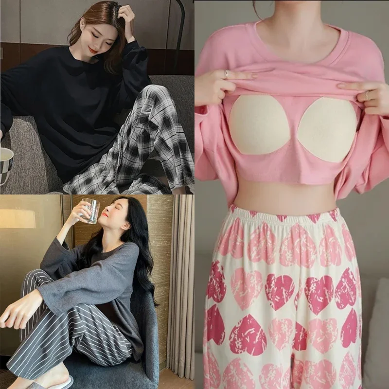 2 pz/set donne di grandi dimensioni con pettorali pigiama primavera autunno e inverno a maniche lunghe auricolare allentato homewear può essere indossato all'esterno