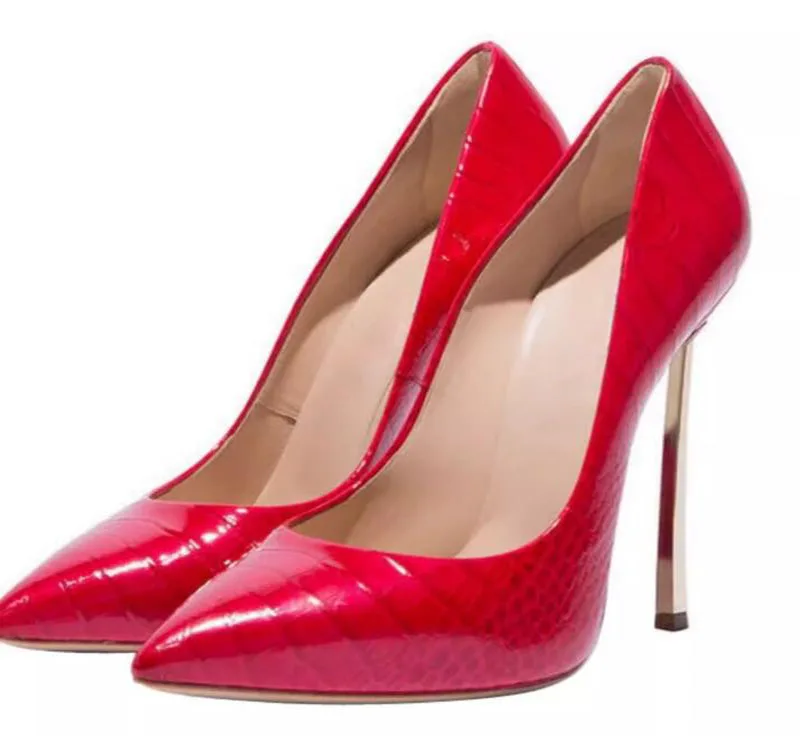 Sexy Alligator Grain Shiny Leather Blade Heels Pumps Pointed Toe 6 8 10 cm Fuchsia Burgundy Metal High Heels Women Party Shoes