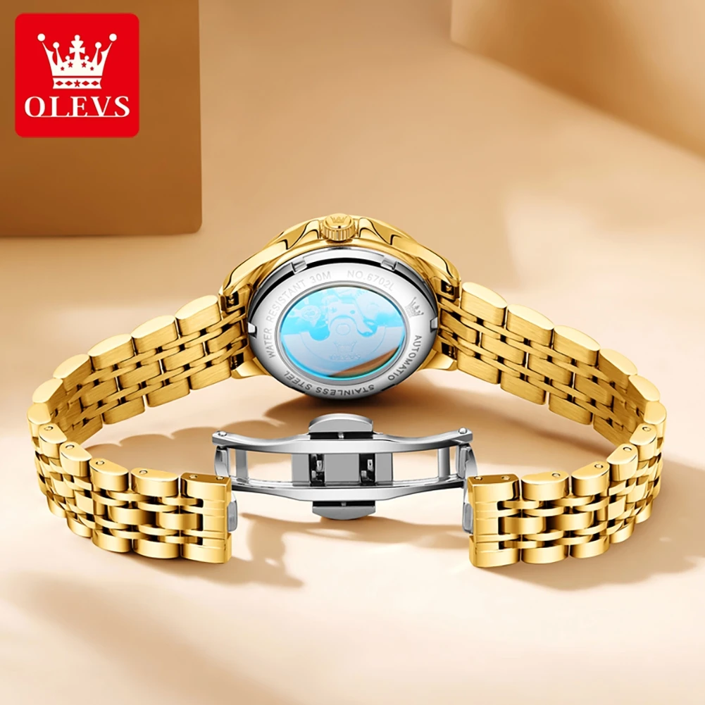 OLEVS Women\'s Mechanical Watch Stainless Steel Strap Dual Calendar Luxury Ladies Wristwatch Original Automatic Watches for Women