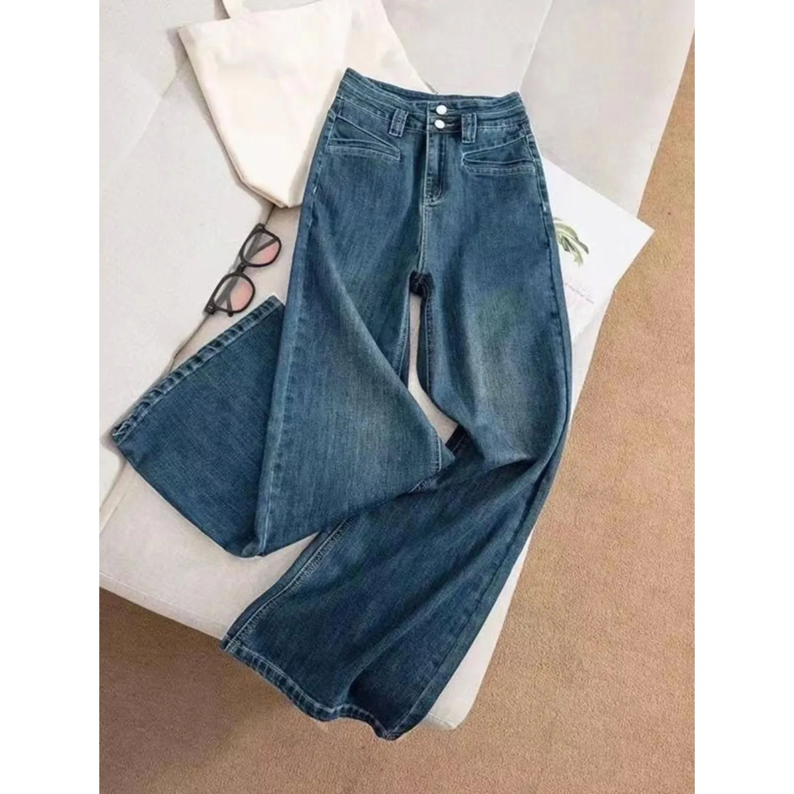 

High Waist Wide Leg A-Line Loose Jeans Women's Micro Flared Cleanfit Sle PVC Fabric Medium Age up Faion Item