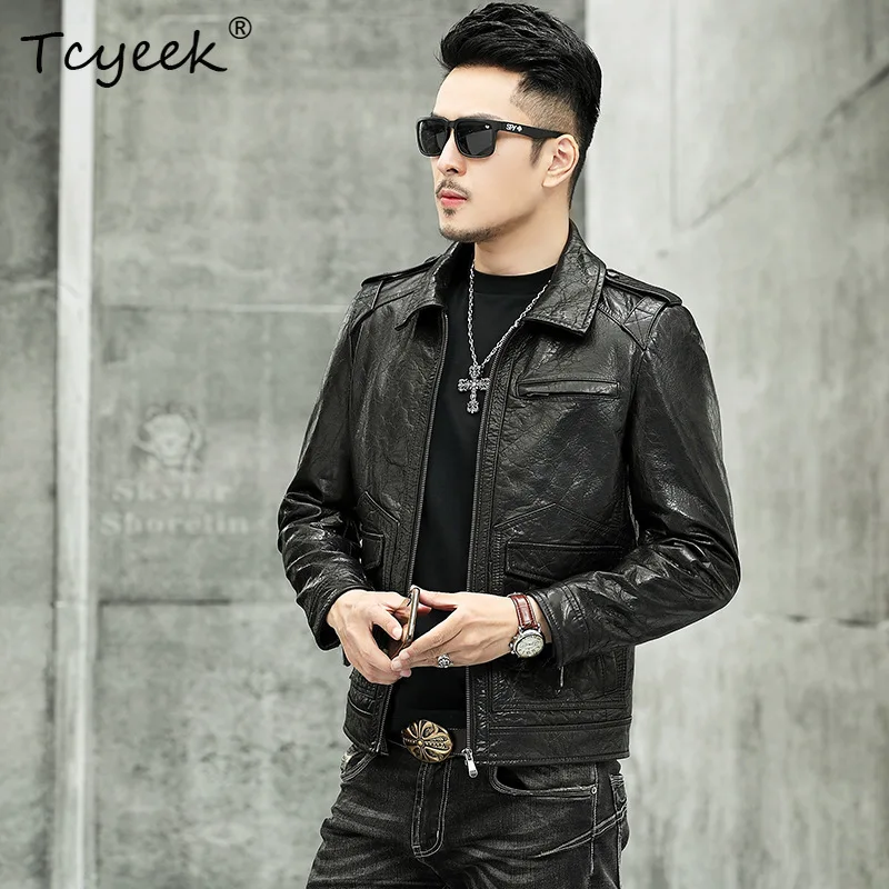 Tcyeek Top Layer Cowhide Real Leather Jacket Men Motocycle Autumn Clothes Multi-pocket Leather Coat Male Trendy Jaqueta De Couro