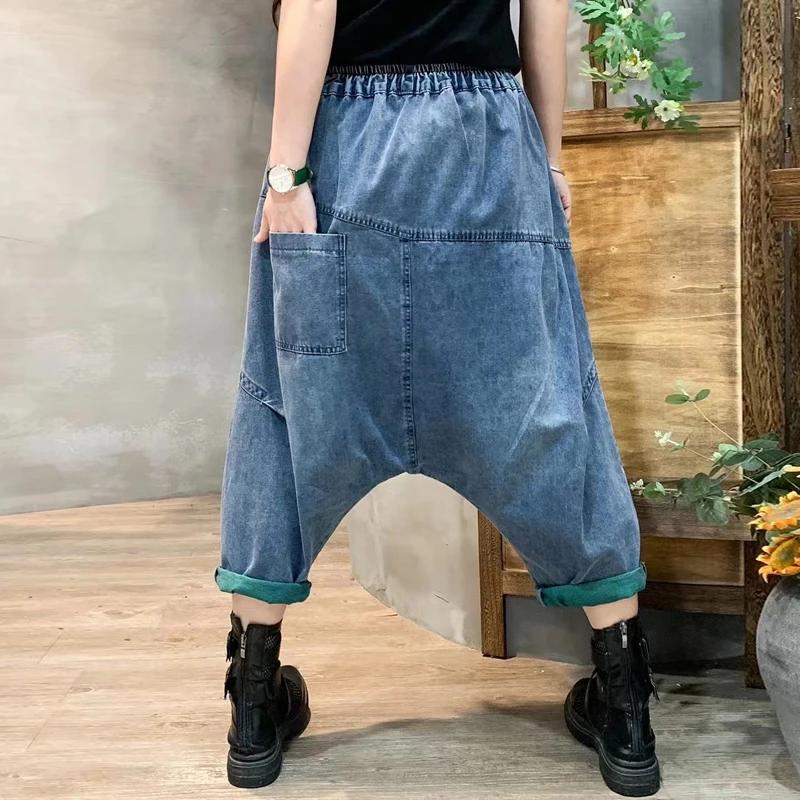 Denim Cross Pants Women New Baggy Casual Vintage Elastic Waist Bloomers Joggers Hip Hop Street Cowboy Trousers Pantalones