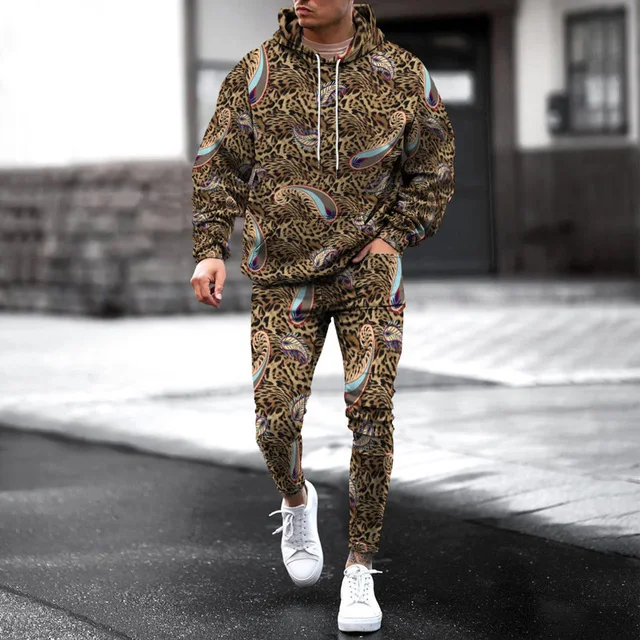 Men’s Tracksuit 2023 Autumn Winter 2 Piece Set Oversized Hoodies Leopard 3d Printed Jogging Fleece Sweatshirts+Sweatpants Suit