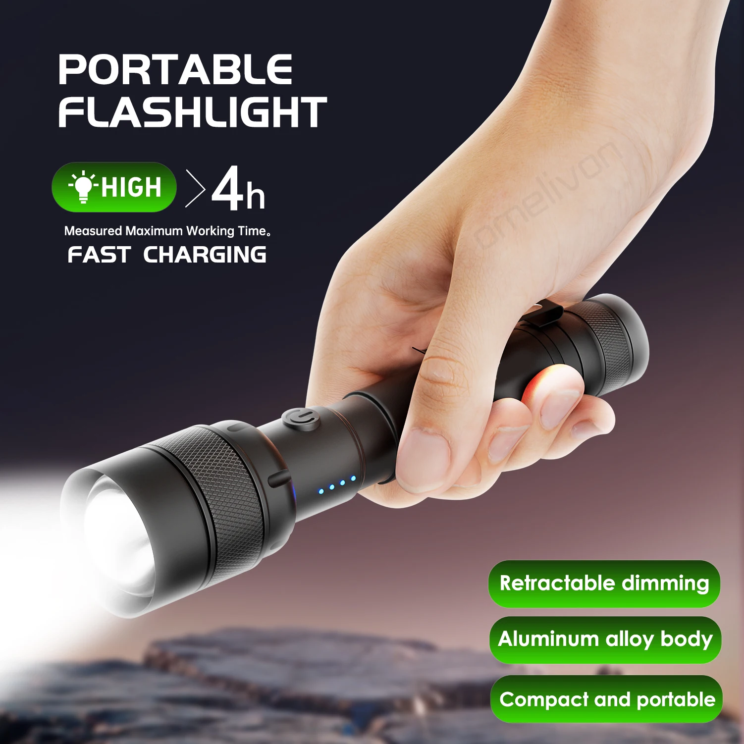 

Фонарик из алюминиевого сплава высокой яркости, портативный аварийный фонарь с USB-зарядкой, USB-зарядка с длительным временем автономной работы, с ремешком и клипсой, подходит для домашнего кемпинга, горного велоспорта, альпинизма, домашних чрезвычайных 