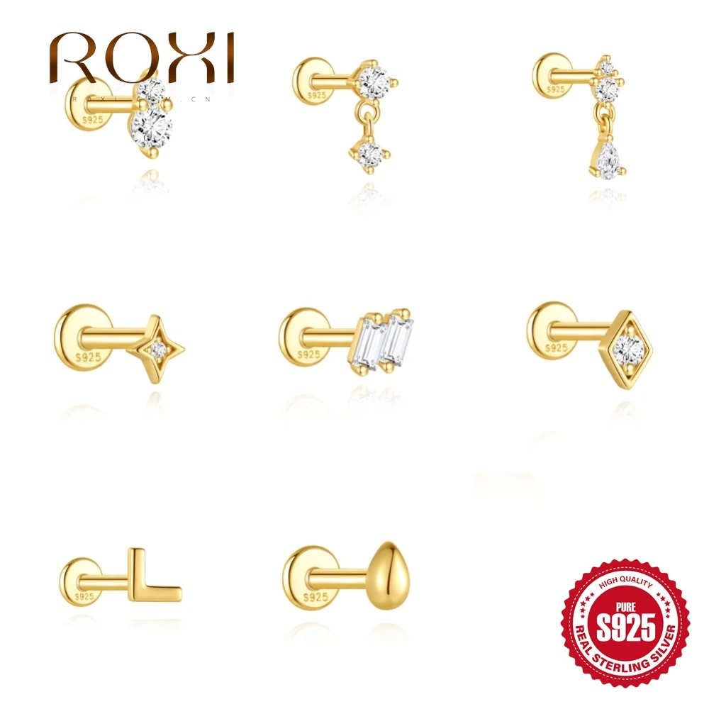ROXI Boucles d'oreilles en argent sterling 925, étoile brillante/en forme de V, double diamant, à dos plat fileté, pour femme, mini-piercing, cadeaux