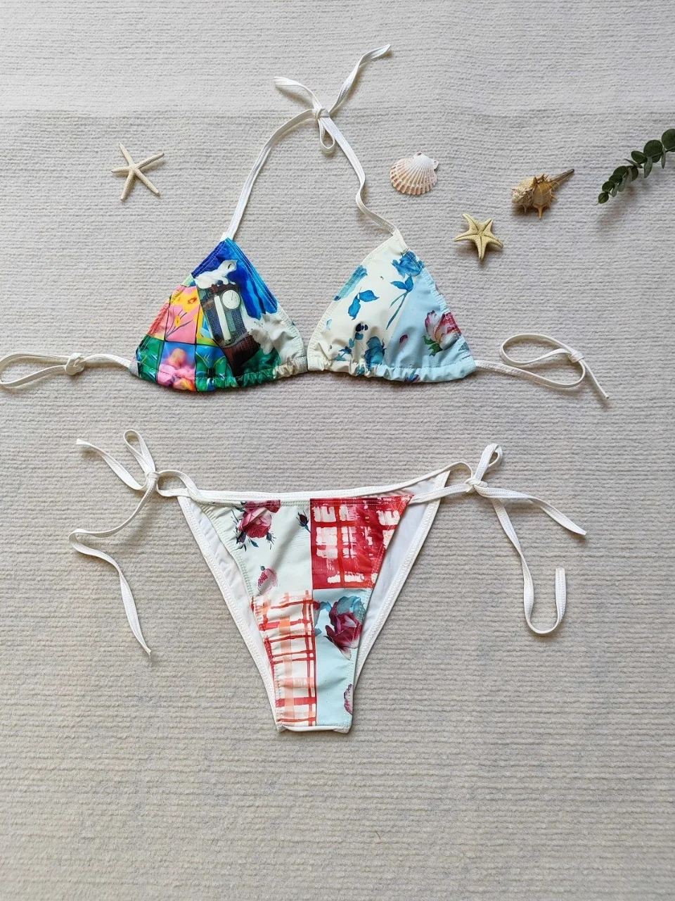 Women's 3-Piece Bikini Set - Cat & Floral Patchwork Halter Swimsuit with Skirt Cover Up Summer Beach Bathing Suit (Multi-Color)