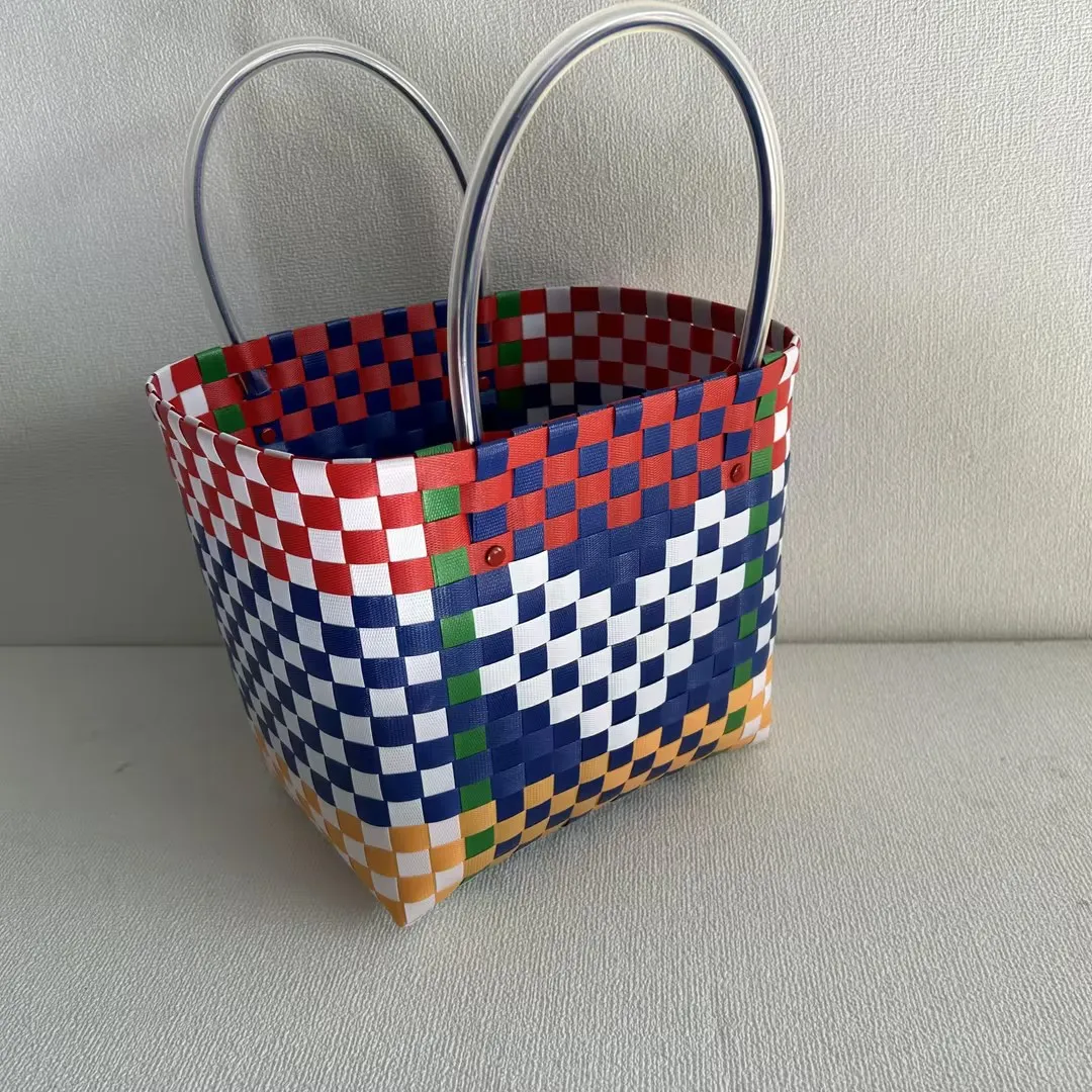 New Color-Blocking Large-Capacity Heart-Shaped Handwoven Bag Plastic-Woven Basket-Style Tote Open-Top Women's Handbag