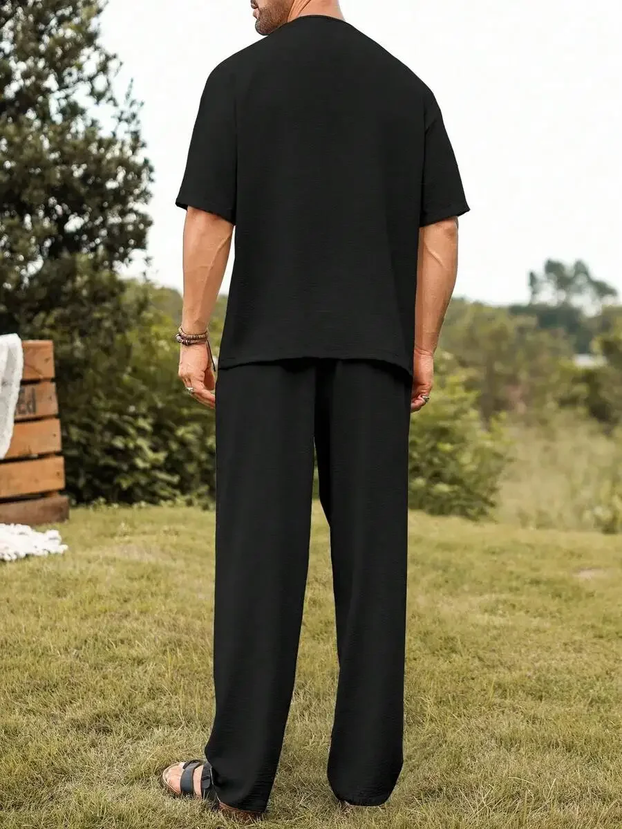 

Mens 2 Piece Casual Solid Color Loose Short Sleeve V-Neck T-Shirt And Pants Set
