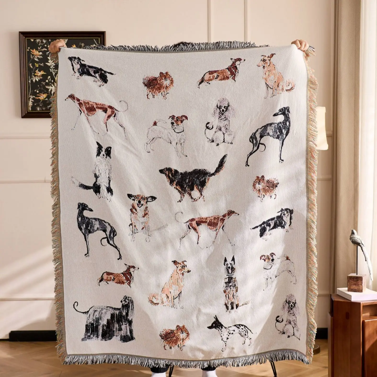 

Vintage Dog Breed Jacquard Throw Blanket Cute Multi Dog Print Woven Tapestry Bohemian Dog Lover Fringe Sofa Cover Watercolor Dog