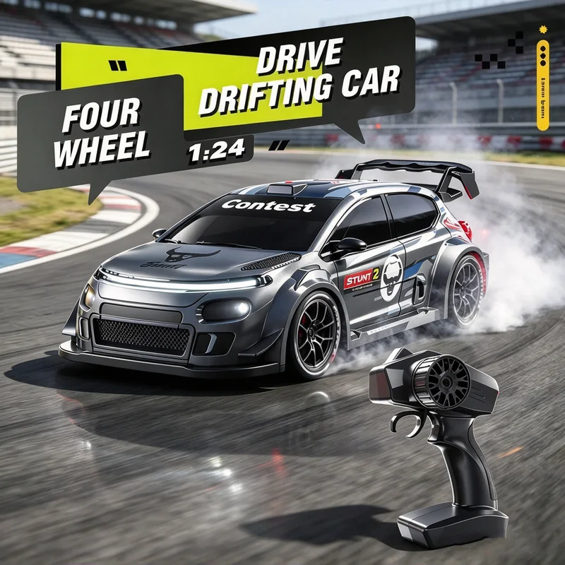 2.4G 1/24 RC Drift High Speed Car 4WD Remote Control Racing Vehicle Model With LED Lights Stickers Kids Toys Boys Xmas Gifts