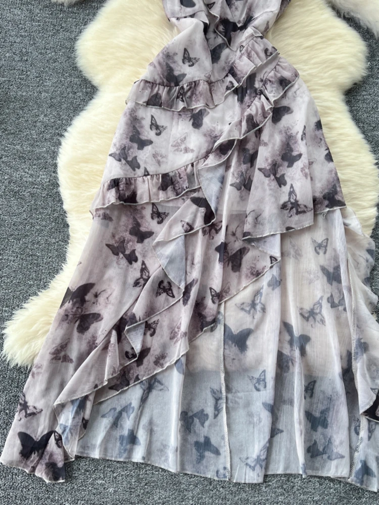 Beach Summer Dress Women French Vacation Camisole Dress Niche Ruffle Edge Patchwork Irregular Print Dress