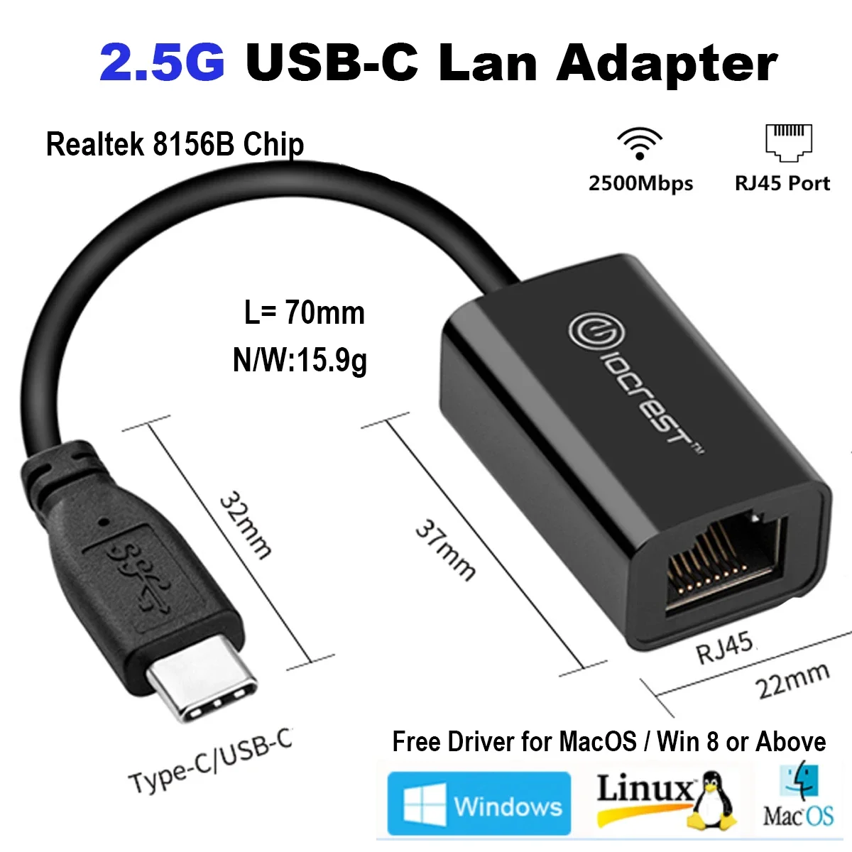 

IOCREST 2500 Мбит/с Type-C 2.5G Внешняя проводная сетевая карта Ethernet RTL8156 USB3.1 RJ45 Конвертер Lan-адаптер для Mac Win10